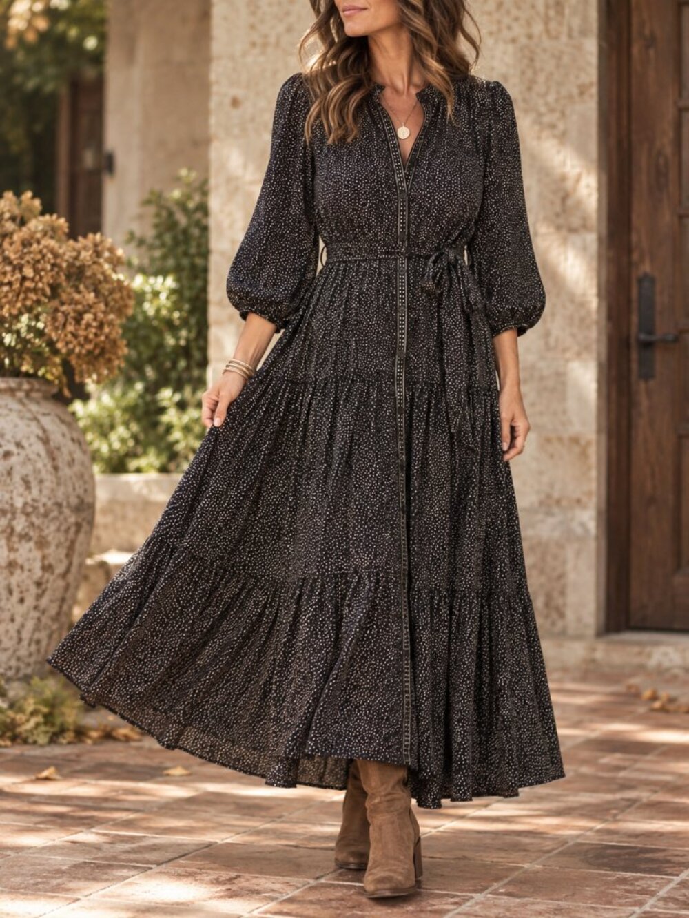 Max Studio Black Ivory Micro Dot Tiered Button Front Maxi Dress XL Boho NWT